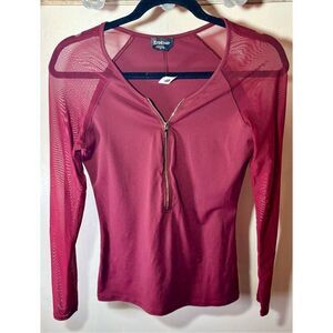 BeBe Maroon Sheer Sleeved 3/4 Zip Top S: S